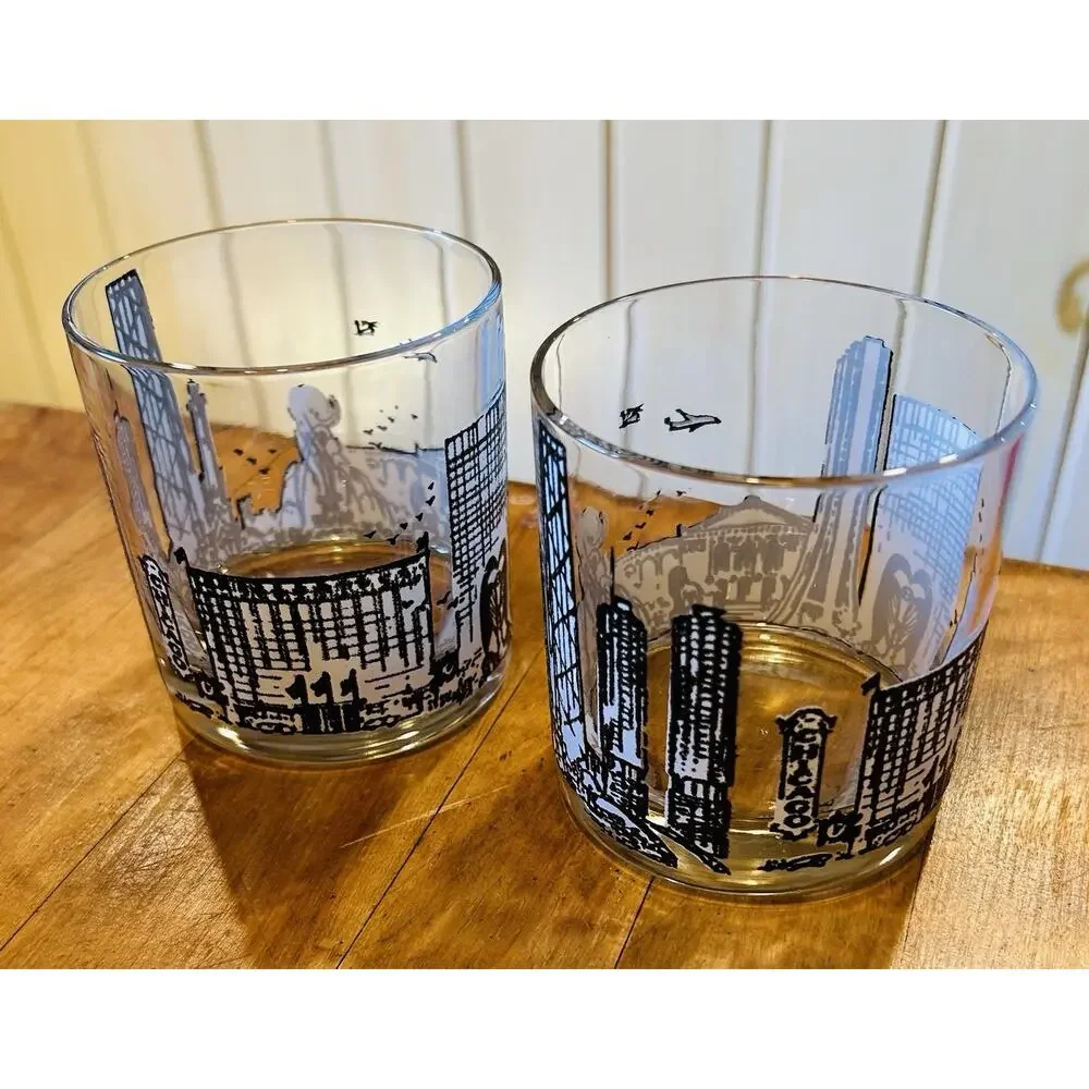 Vintage Pair of Chicago Skyline Rocks Glasses Whiskey Tumblers Black And White